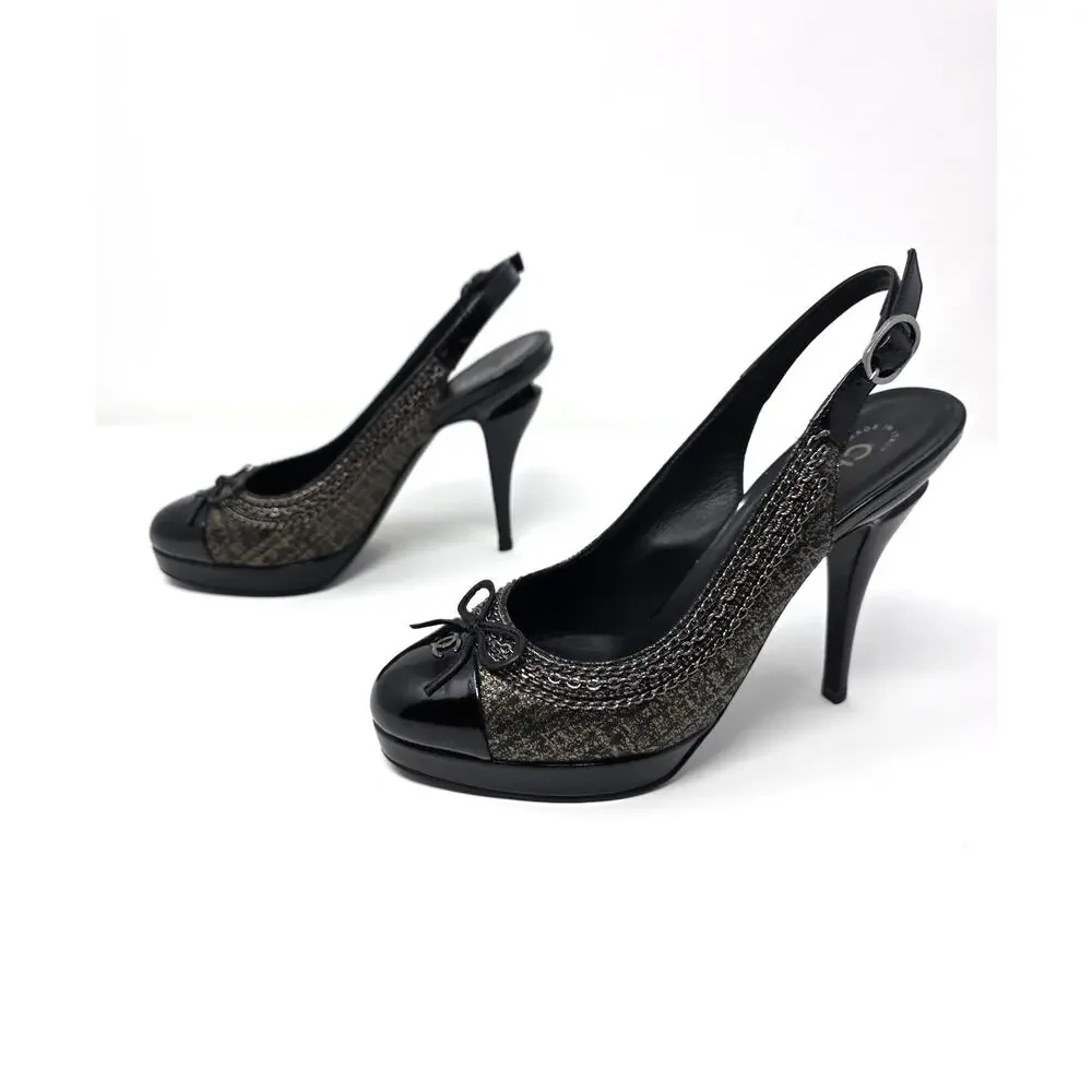 Chanel Slingback Platform Vintage Heels Cap Toe CC Logo Bow Chain Black 36.5 6